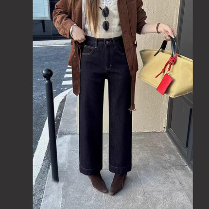 韩尚裤业2025冬新款高腰宽松加绒加厚直筒牛仔裤女显瘦九分直筒裤