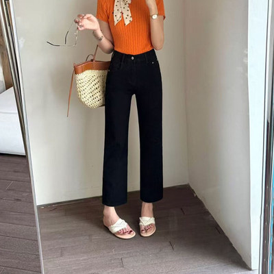 韩尚裤业2026夏季新款四面弹黑色高腰直筒牛仔裤女九分烟管法棍裤