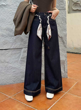 爆犀牛2025秋季新款宽松防褪色阔腿牛仔裤女明线直筒长裤高腰显瘦