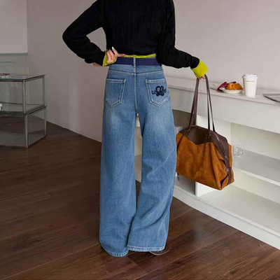 加绒加厚垂感阔腿牛仔裤冬季显瘦