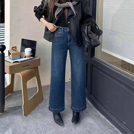 阿里莎莎2025冬季新款弹力宽松加绒直筒牛仔裤女小个子九分奶奶裤