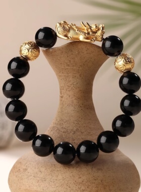 爆款手链男女款金色小皮丘黑石佛珠手串情侣送男友送爸爸饰品礼物