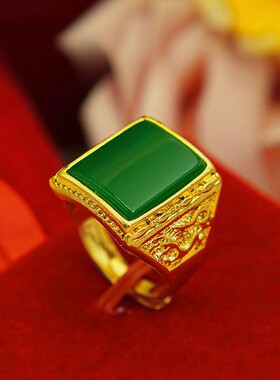 金色戒指男士款金镶玉男戒