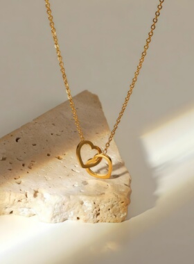 日韩极简钛钢心连心项链女款爱心双扣项链双环项链百搭饰品锁骨链