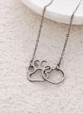 新品动物狗爪款项桃心银色项链男女镂空爱心形锁骨链脚印百搭吊坠