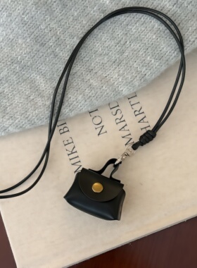 黑色项链小包复古风民族小众设计款皮质零钱包挂脖长款毛衣链配饰