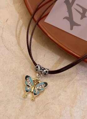 新中式蝴蝶双层金色项链复古小众锁骨链女高级感毛衣链颈链配饰品