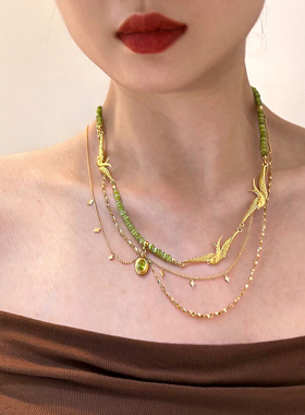 SU浮空岛「旷野自由诗」原创小众高级感毛衣链橄榄绿飞鸟复古项链