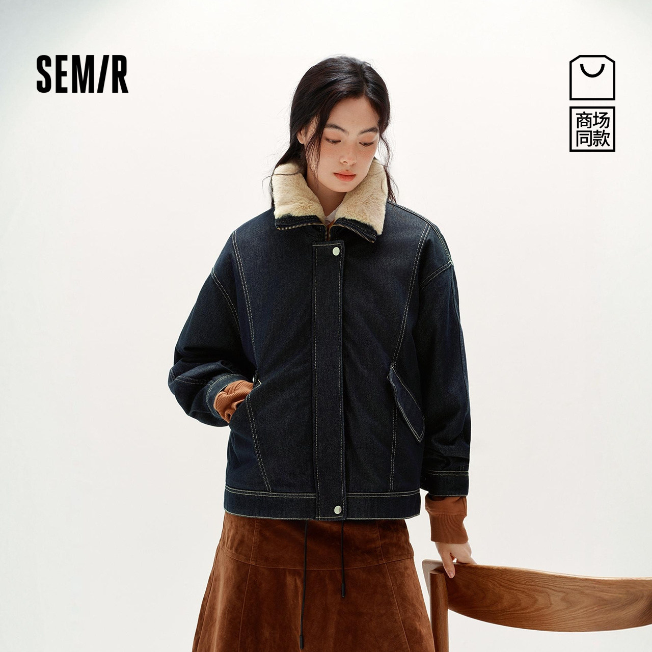 森马毛领oversize夹棉牛仔外套女