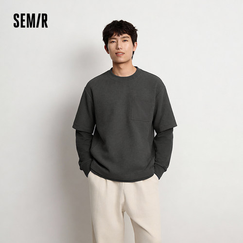 森马时尚假两件华夫格长袖T恤男