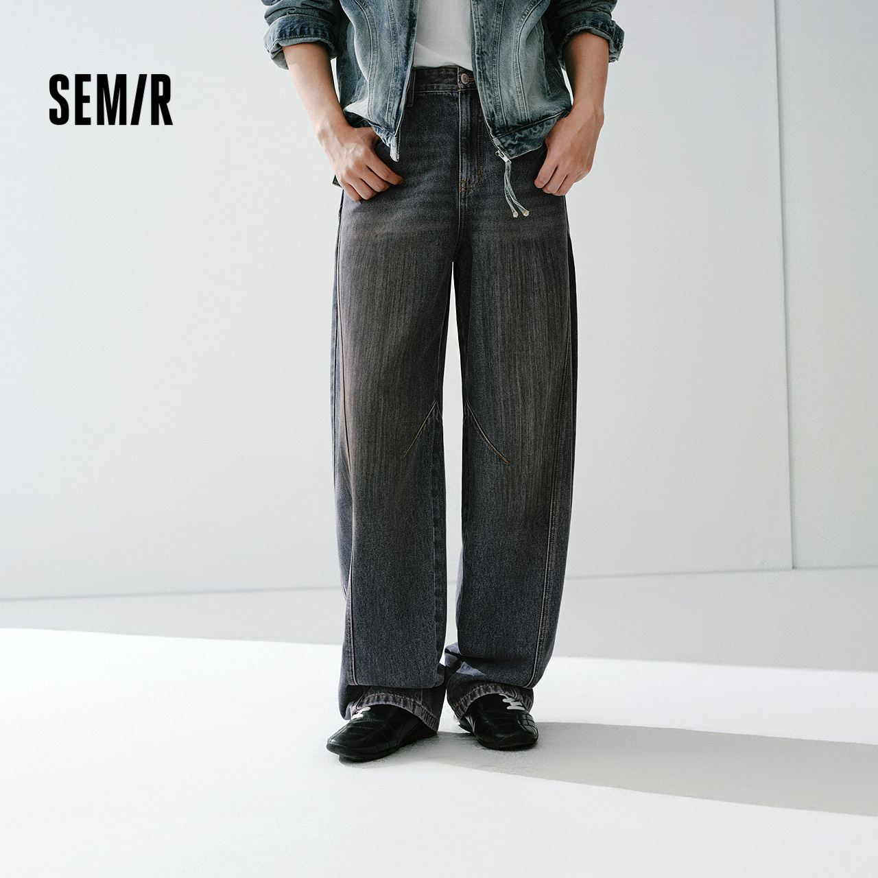 森马做旧复古弯刀裤弧形牛仔裤男