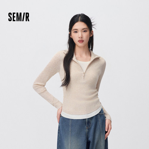 森马含羊毛假两件翻领褶皱毛衣女
