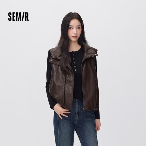 森马PU仿皮立领宽松花苞棉马甲女