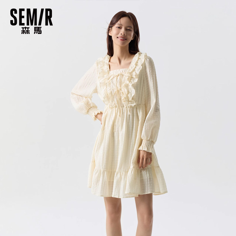 森马连衣裙女2025秋季新款荷叶边蝴蝶结甜美风方领泡泡袖裙子浪漫
