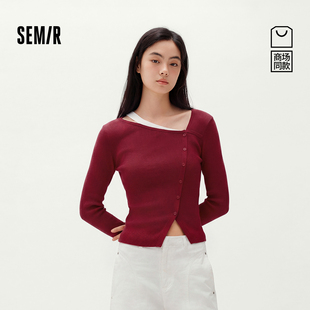 森柔|商场同款森马毛衣女秋短款斜肩撞色紧身2026新款气质套头衫