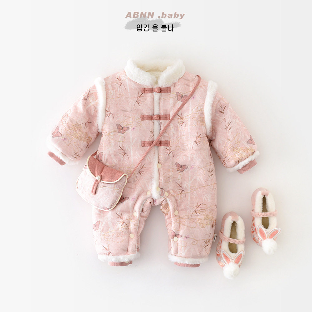 婴儿新中式棉服冬季唐装爬服女宝宝中国风加绒加厚连体衣百天礼服