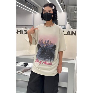 秒发诗歌兰58348时髦气质黑色涂鸦字母印花短袖 上衣25夏新款 女装