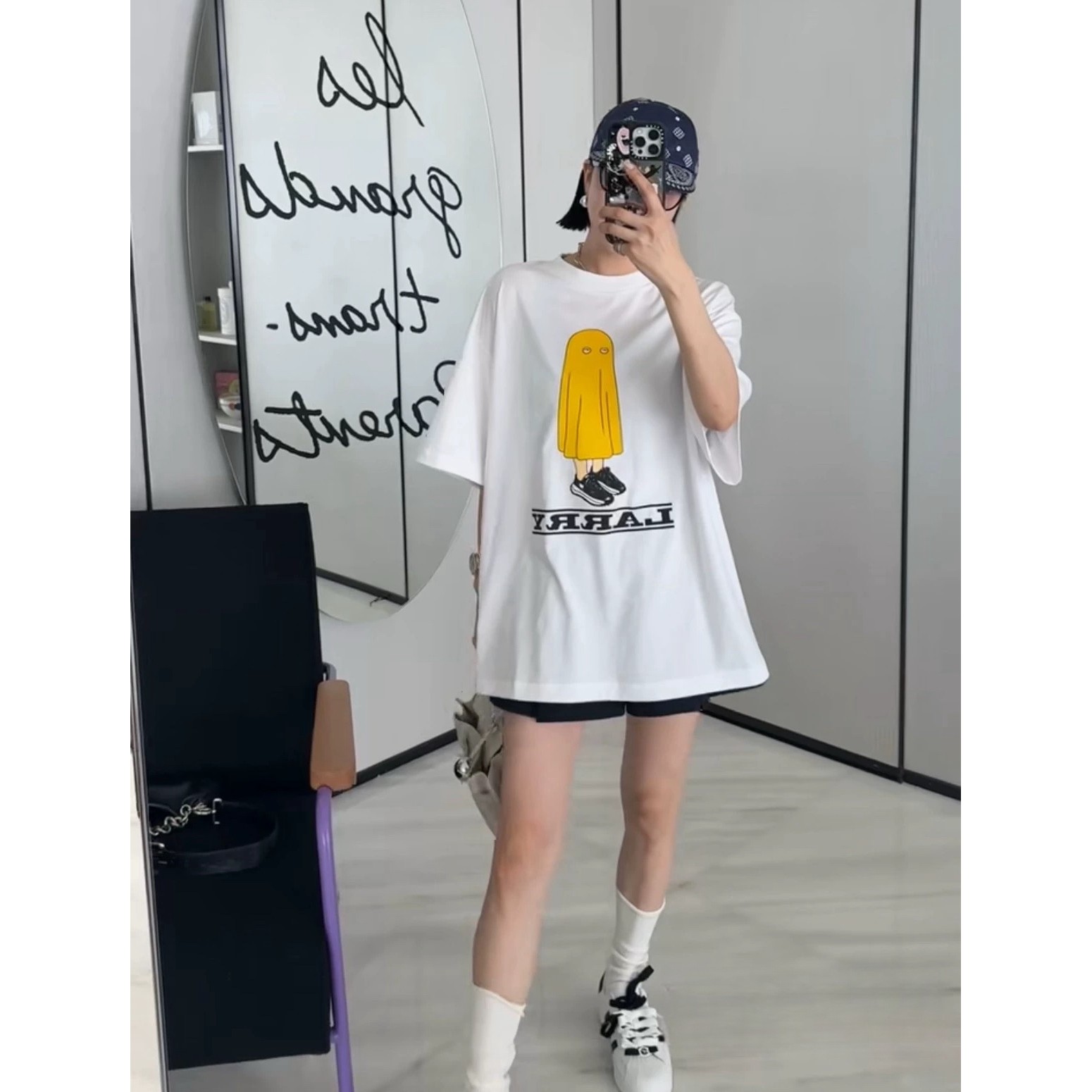 现发诗歌兰58278简约可爱休闲圆领卡通图案字母短袖T恤2025夏女装