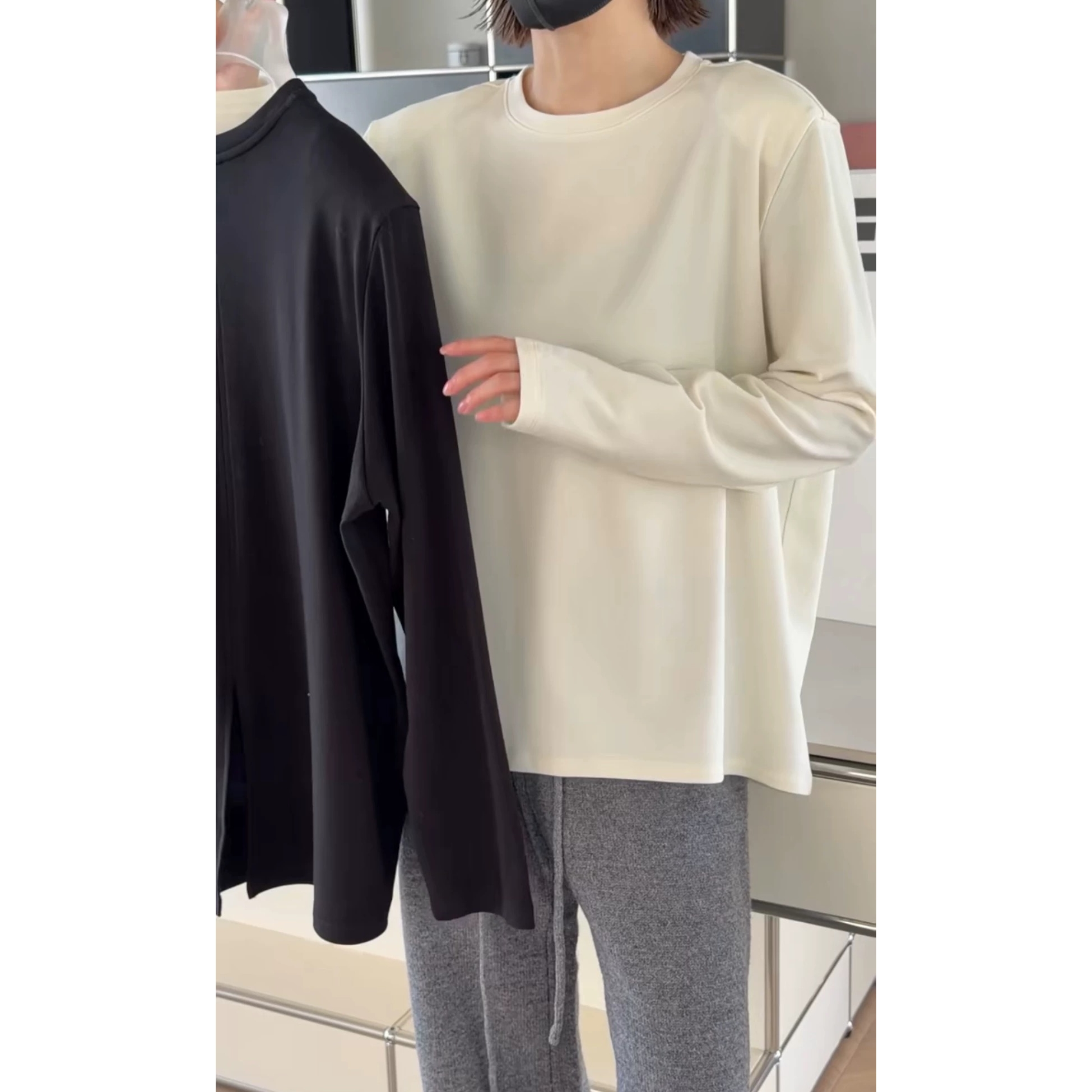 现发诗歌兰冬季女装58500极简休闲知性垫肩T恤磨毛开衩打底衫