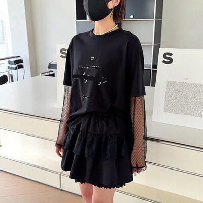 热卖诗歌兰女装50810舒适百搭字母T恤假两件蕾丝长袖宽松2026春季