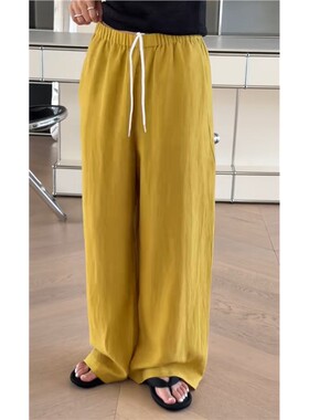 秒发诗歌兰52175时尚巨美黄色松紧腰口袋麻料休闲裤25秋欧货女装