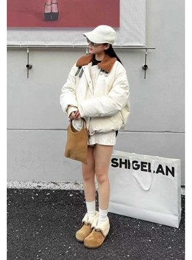 秒发诗歌兰89690时髦个性设计感羊羔毛翻领白鸭绒羽绒服女2025冬