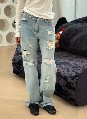 秒发正品诗歌兰99856破洞牛仔裤百搭直筒小众时尚25秋季新款女装