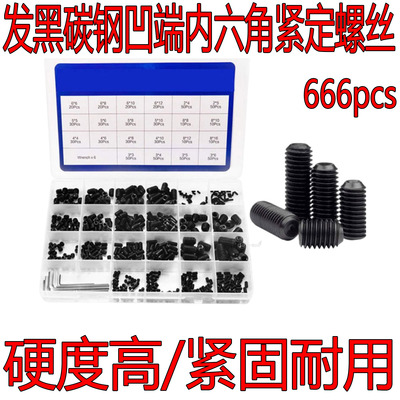 666pcs12.9级发黑平端紧定螺丝钉套装内六角无头顶丝机米螺丝