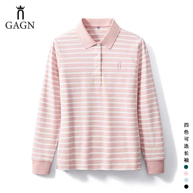 条纹纯棉长袖T恤女POLO衫妈妈潮T