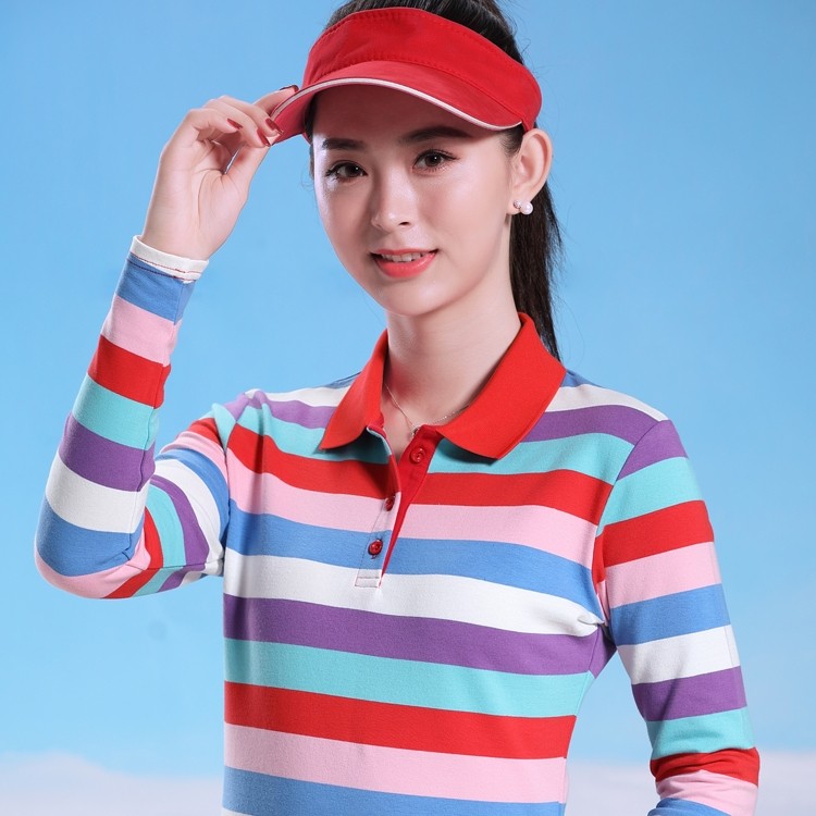 洋气条纹女长袖T恤翻领休闲运动polo上衣大码宽松妈妈春装带领子T