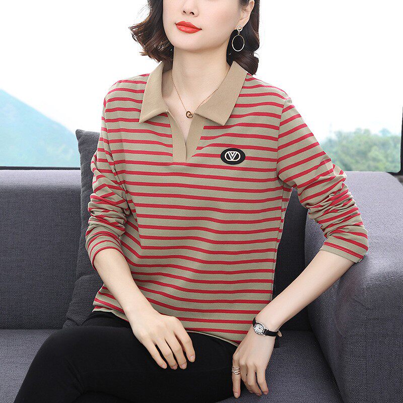 时尚红条纹女长袖t恤衫纯棉舒适春秋衣中老年妈妈休闲拼色polo潮t