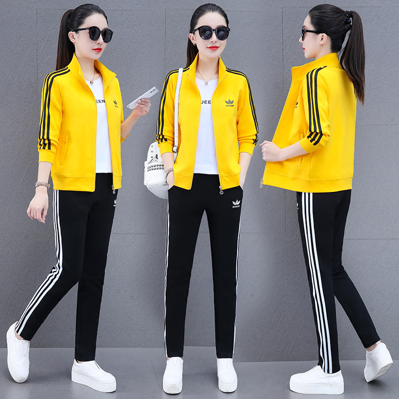 时尚休闲运动套装女三件套春秋冬季户外印花运动衫妈妈健身服棉质