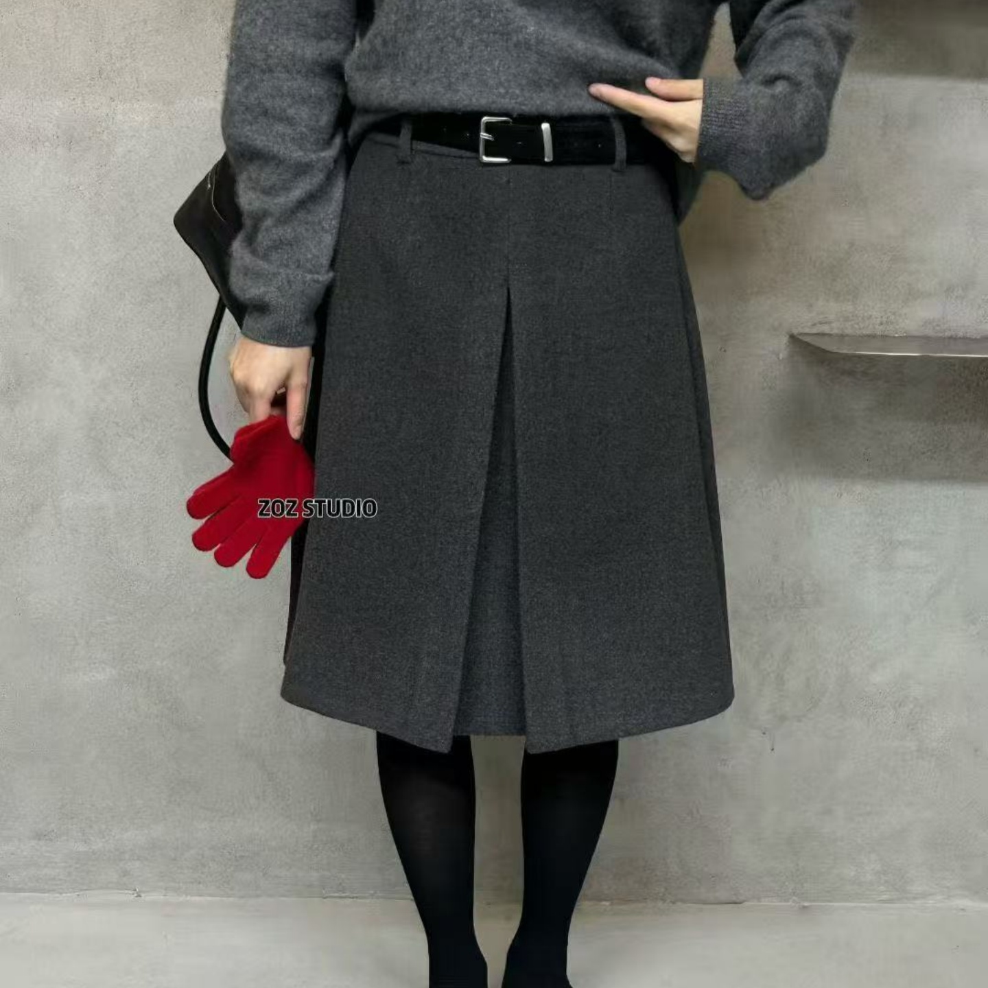 202冬新款加厚高级风呢料前开衩五分半身裙女轻熟简约风灰色A字裙