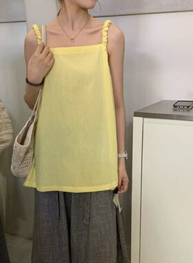 2026夏新款韩系慵懒风后背绑带直筒减龄宽松红色棉麻吊带背心裙女