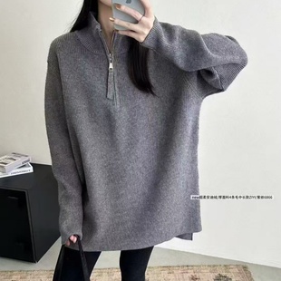 2025冬新款韩系极简风半拉链毛衣女宽松显瘦百搭米色针织衫上衣女