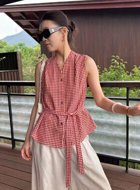 2026夏新款韩系复古V领系带收腰显瘦无袖棉布红色格子衬衫女上衣