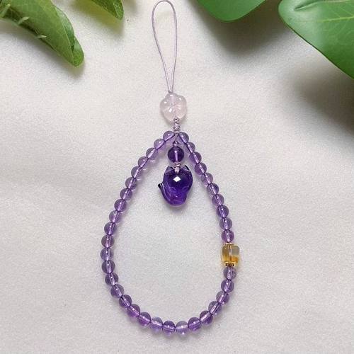 天然紫水晶手机链手机挂绳女钥匙扣挂件绳挂手腕紫水晶狐狸手机链