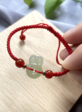 和田玉兔年本命年红绳手链女