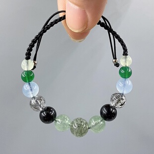 五行缺补喜用水木定制手链男女天然水晶手串绿水晶黑曜石编织手绳