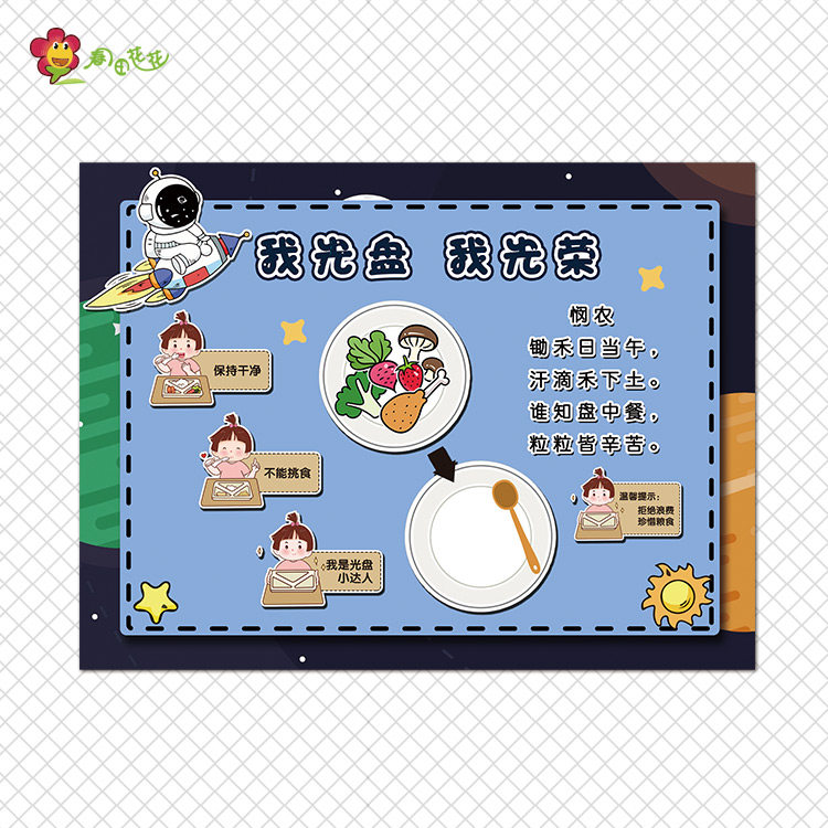 幼儿园星空光盘行动主题环创太空区域墙装饰进餐6步骤餐桌礼仪贴