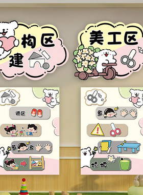 线条小狗狗幼教环创进区域牌规则牌中小班色粉卡通可爱墙贴纸材料
