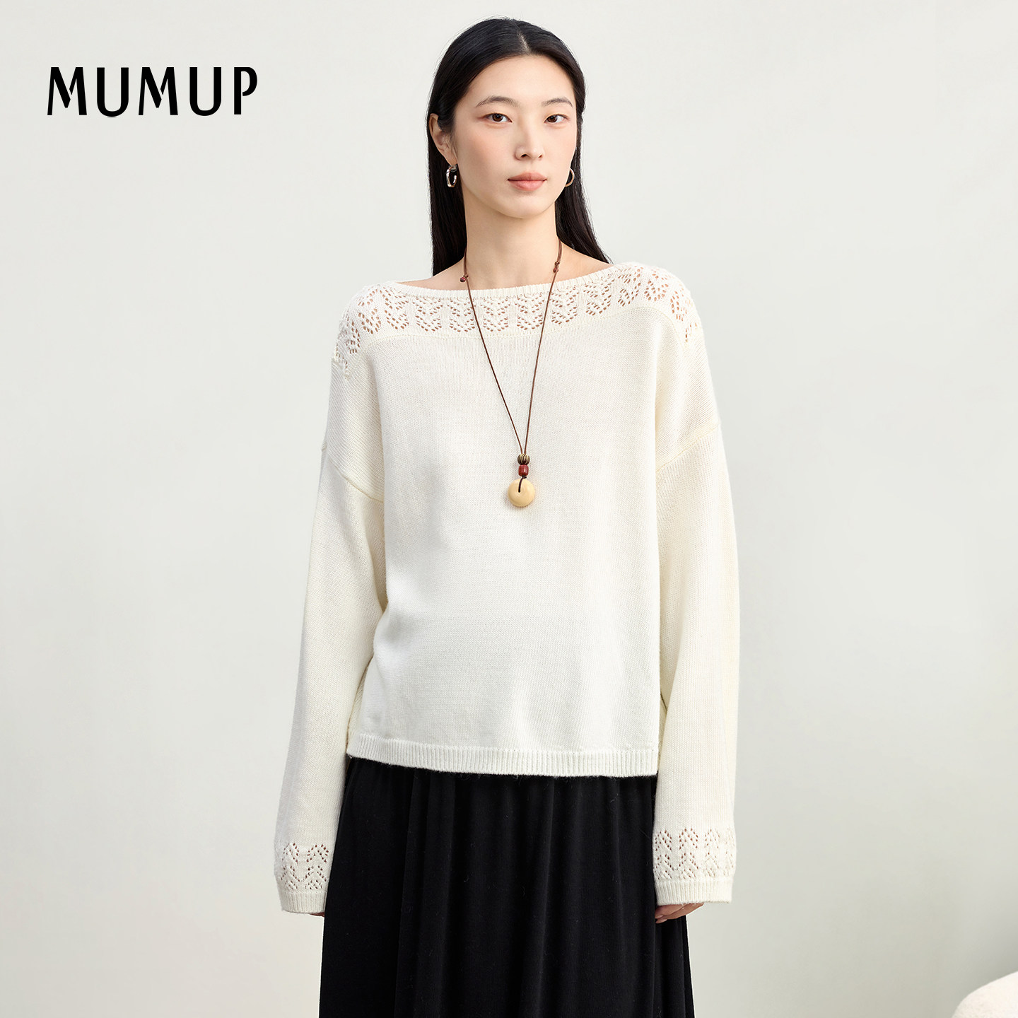 MUMUP孕妇绵羊毛针织衫2026新款秋一字领温柔白色套头毛衣孕妇装