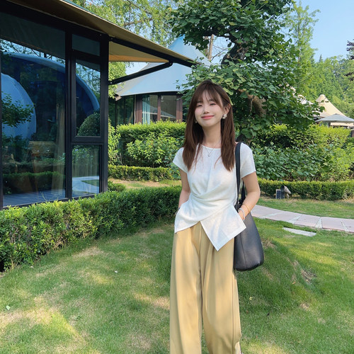 小小家 小个子小码针织圆领交叉设计感T恤26夏薄款透气修身上衣体