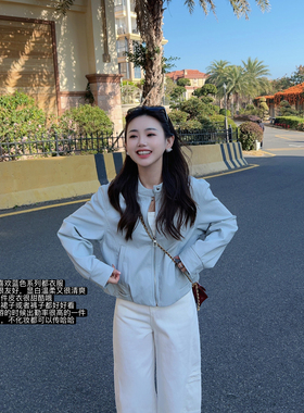 小小家 小个子春新款蓝色皮衣温柔显白百搭短款圆领拉链外套上衣