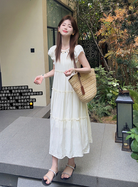 小小家 小个子小码A字长款蛋糕裙小飞袖圆领甜美短袖连衣裙150xs