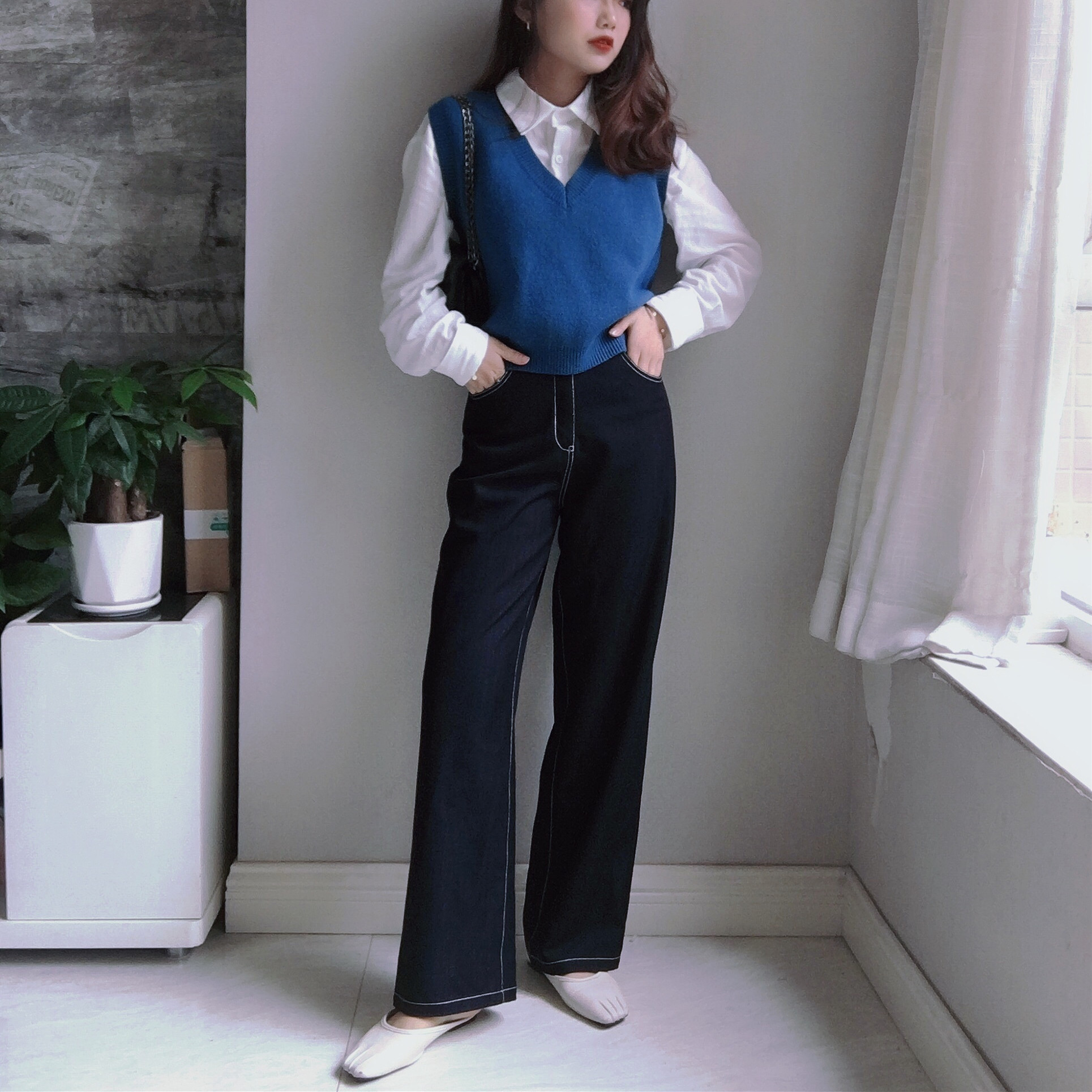 小小自留小个子阔腿裤女150显高瘦腰遮肉秋深色牛仔拖地裤竹节棉