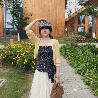 小个子防晒开衫+碎花吊带两件套