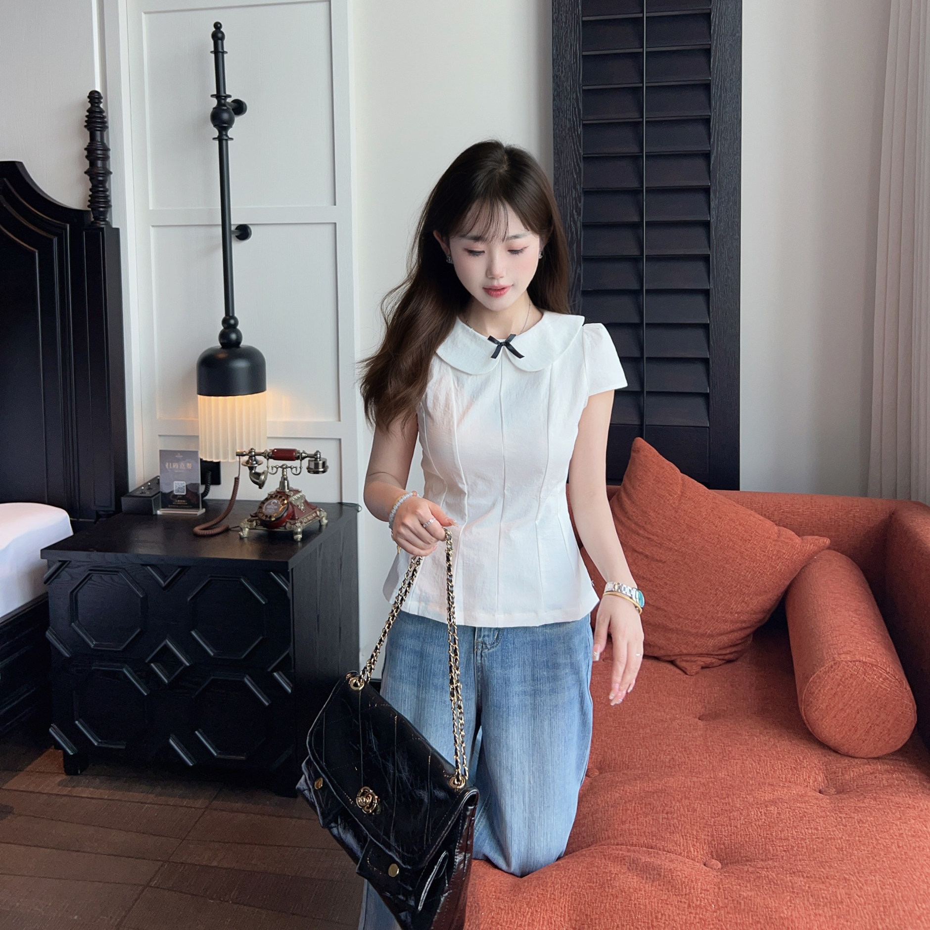 小小家 小个子立体裁剪娃娃领衬衫修身显瘦短袖夏透气精致衬衣