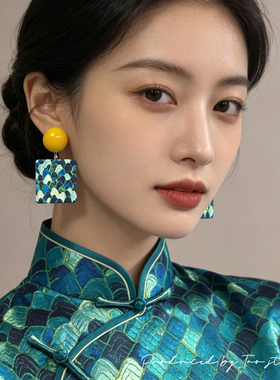国风绿色耳夹女新中式旗袍高级感无耳洞耳环耳坠古风汉服精致耳饰