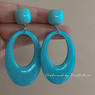 复古港风氛围感湖绿色耳环小众设计感高级夸张耳饰无耳洞耳夹女